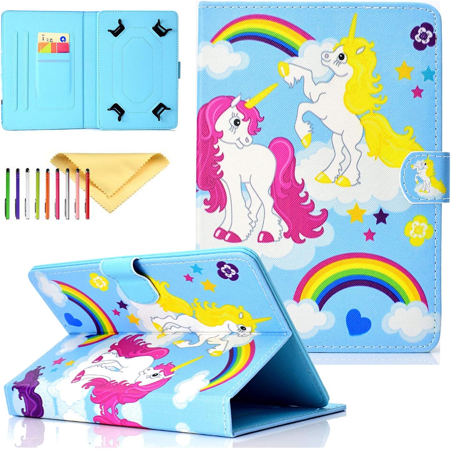 Uliking 8.0 inch Tablet Case, Universal Protective Case [Multi-Angle Stand] [Card Slots] PU Leather Cover for All 7.5-8.5 inch, Rainbow Horse
