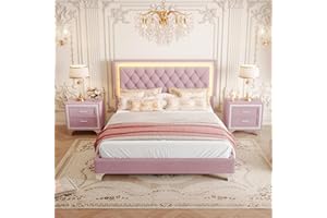 Flieks 3-Pieces Bedroom Sets,Queen Size Upholstered Platform Bed with LED Lights and Two Nightstands-Pink