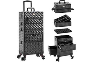 JINGUAN 4 in 1 Rolling Makeup Case with Drawers, Multi-functional Cosmetic Trolley with Wheels and Keys, Large Storage Traveling Cart Trunk for Nail Technicians, Makeup Artist and Hairstylist, Black