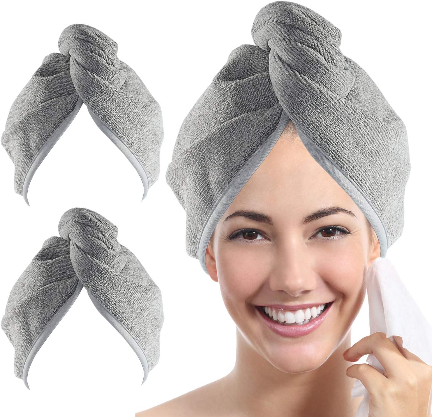 YoulerTex Microfiber Hair Towel Wrap for Women, 2 Pack 10 inch X 26 inch, Super Absorbent Quick Dry Hair Turban for Drying Curly, Long & Thick Hair(Gray)