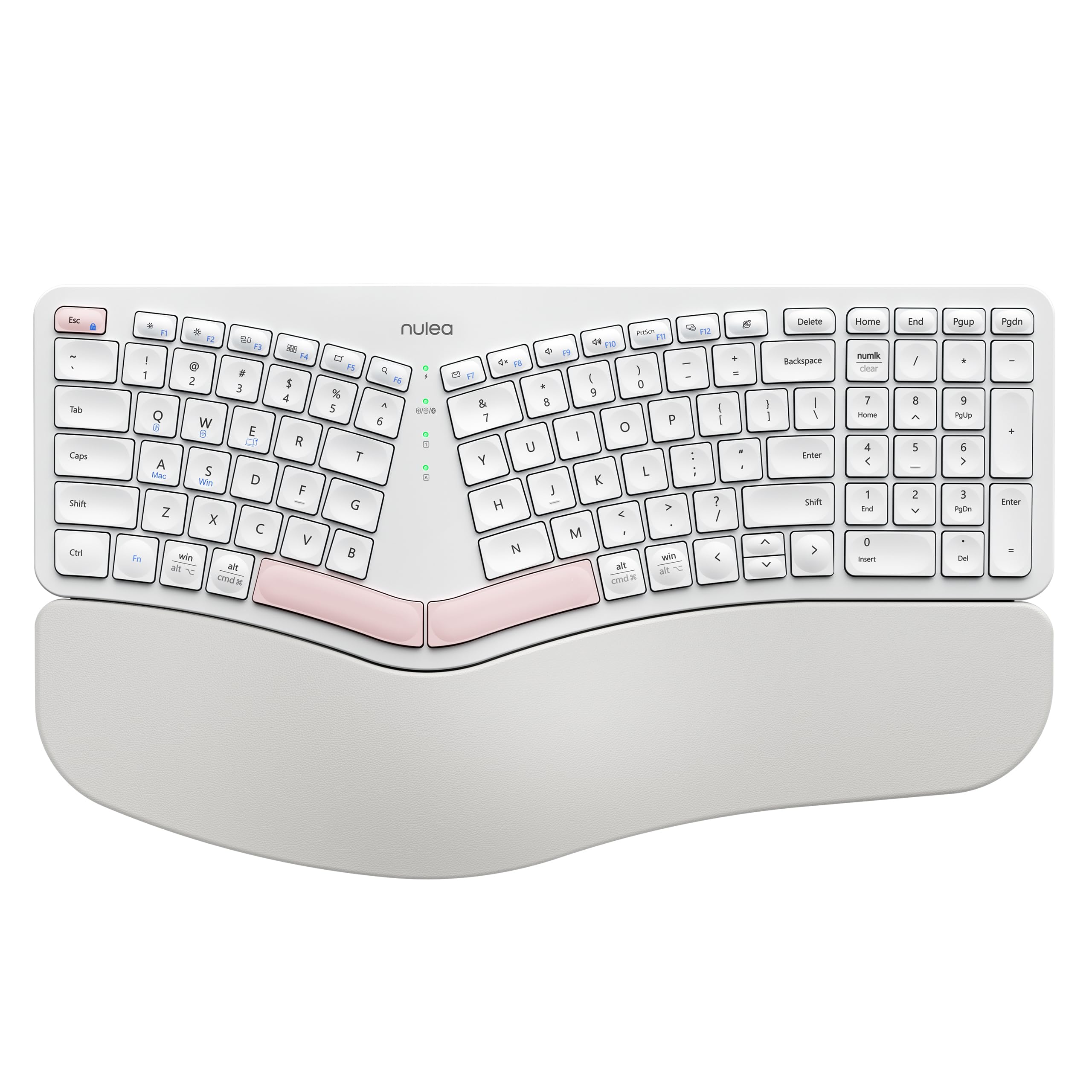 Photo 1 of Nulea Wireless Ergonomic Keyboard, Split Keyboard with Cushioned Wrist Rest, Bluetooth and USB Connectivity, USB-C Rechargeable, Compatible with Windows Mac (White Pink)