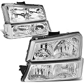 DNA MOTORING Pair Headlight Assembly Compatible with 2003-2006 Chevy Silverado 1500 2500 3500 1500 HD 2500 HD Avalanche 1500 2500, w/o Factory Cladding, Chrome/Clear, HL-OH-CS03-4P-CH-CL1