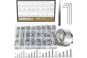 814 Pieces Socket Head Cap Screws Nuts Washers Kit, Kindroufly M3 M4 M5 M6 Screw Assortment Kit, Metric Screw Set, Bolts and Nuts, Machine Screws, 304 Stainless Steel, Fully Machine Thread