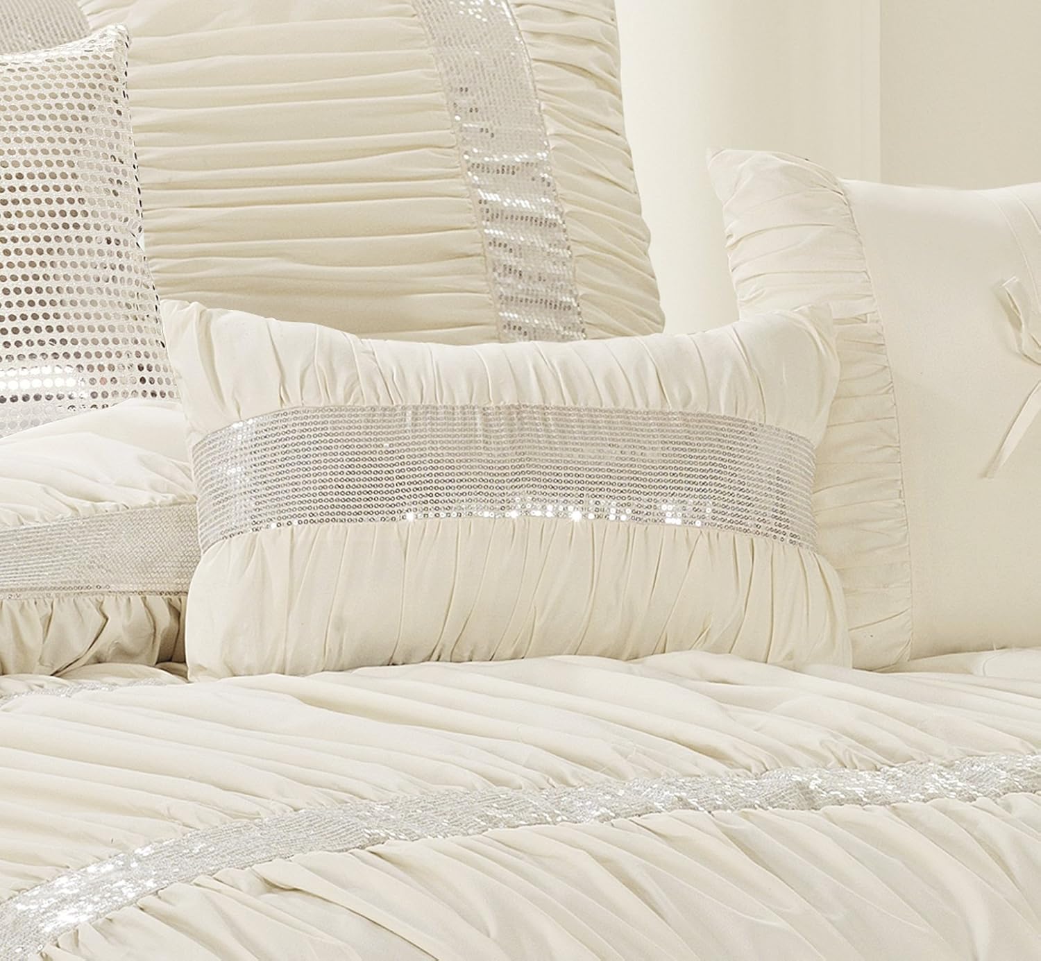7 Piece Rosales Chic Ruched Ruffled Pleated Comforter Sets Ivory