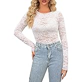 Diosun Womens Lace Floral Tops Long Sleeve Mesh Round Neck Sexy See Through Shirts Floral Blouses Top