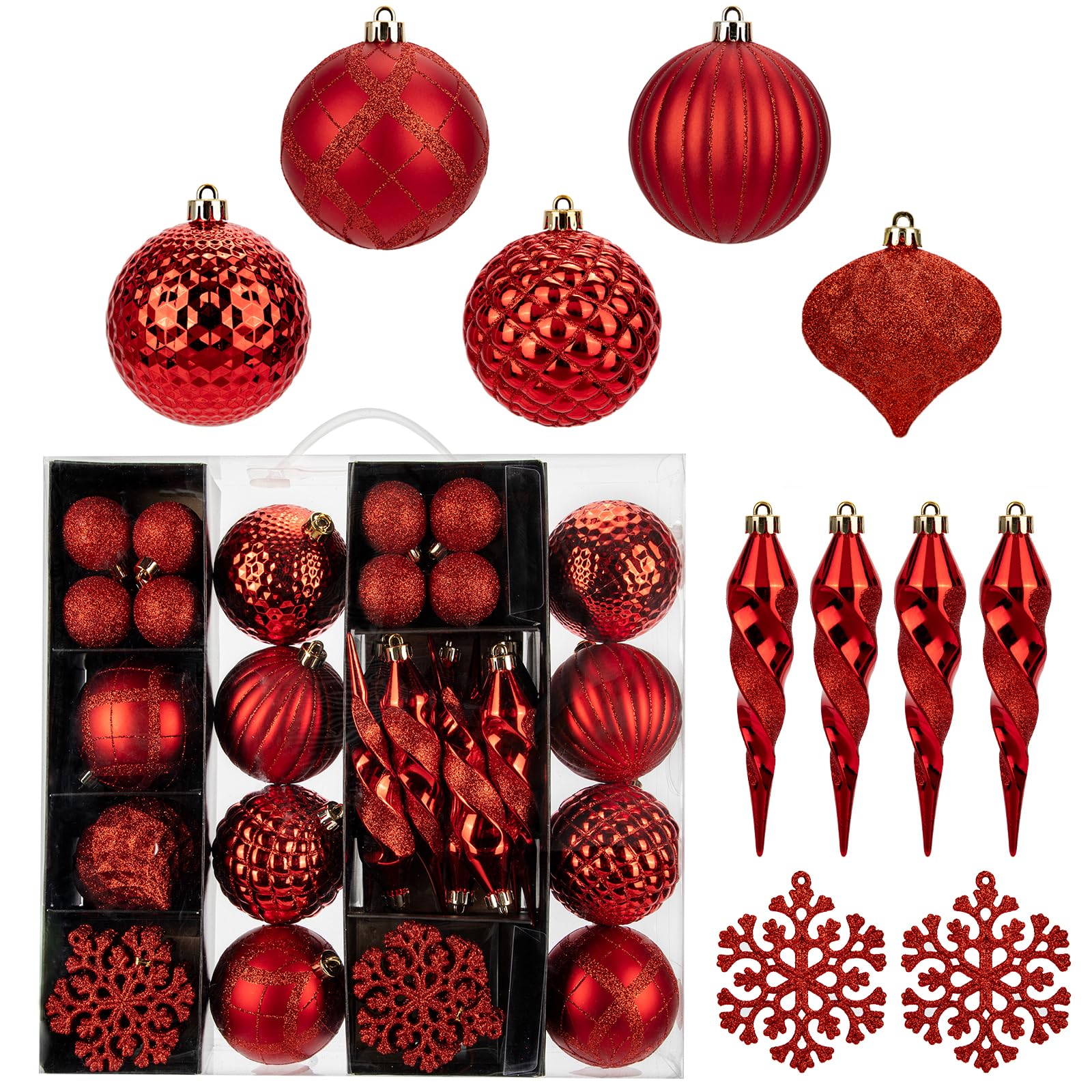 Photo 1 of 50PCS Christmas Tree Ornaments Set with Shatterproof Balls Icicle Snowflake Hanging Ornaments for Home Office Farmhouse Christmas Decorations, Red