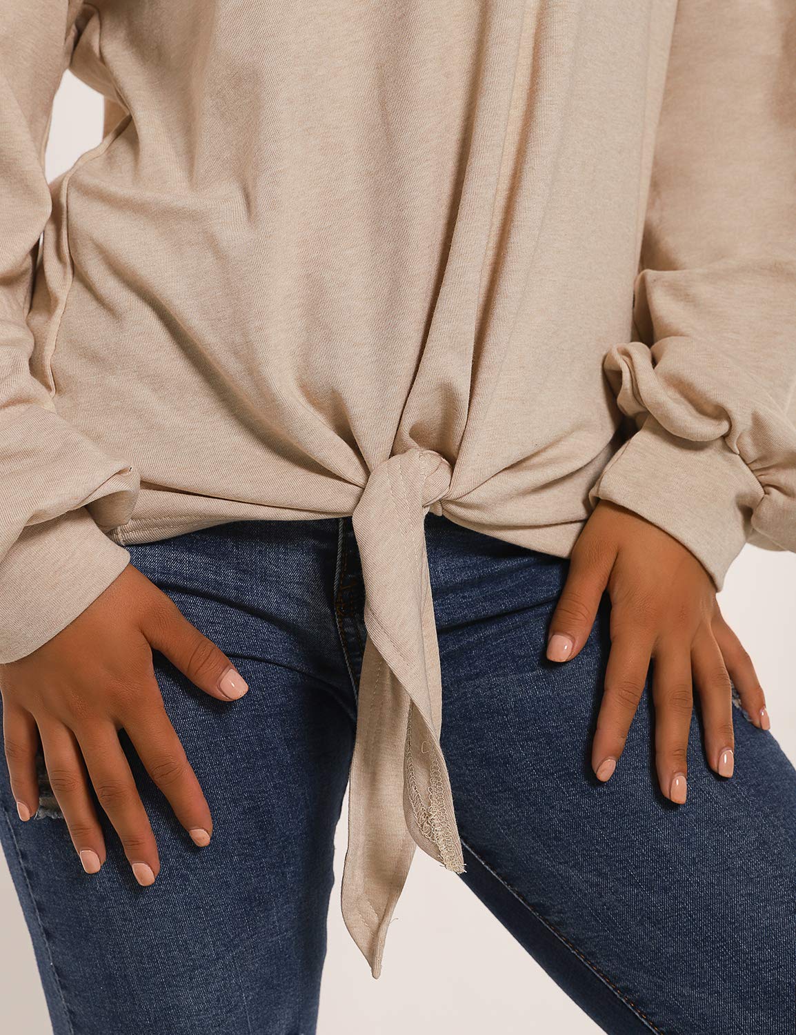 Blooming Jelly Womens Tie Knot Shirts Lantern Sleeve Round Neck Lace Top Blouse(M,Apricot)