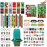 120 PCS Party Favors for Pixel Theme Birthday Party Supplies, Goodie Bag Stuffers Favors includes 50 Stickers, 12 Gift Bags,12 Wristbands,12 Keychains,10 Sword Foil Balloons,12 masks,12 Mini Notepads.