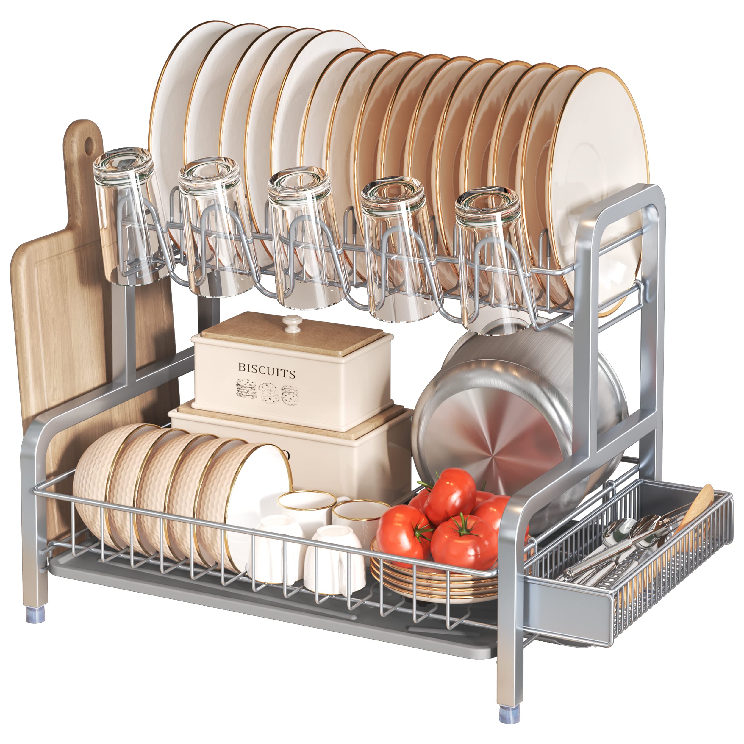 Photo 1 of BOOSINY 2 Tier Dish Drying Rack and Drainboard Set, Large Stainless Steel Dish Drainers for Kitchen Counter, Dish Strainer Shelf with Cup-Holder ?Grey?