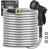 Garden Hose 50 FT, Metal Stainless Steel Water Hose with 10 Function Nozzles, No Kinks, Flexible Hose, Lightweight, Puncture Proof, Heavy Duty Hose for Yard and Outdoor