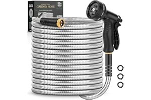 ITSONESTEP Garden Hose 50 FT, Metal Stainless Steel Water Hose with 10 Function Nozzles, No Kinks, Flexible Hose, Lightweight, Puncture Proof, Heavy Duty Hose for Yard and Outdoor