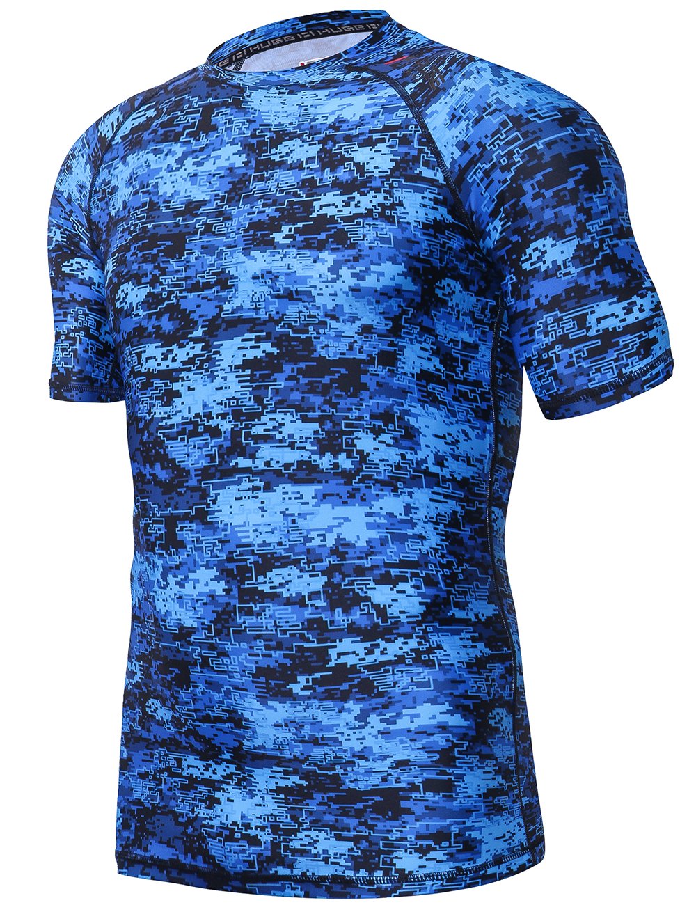 Photo 1 of HUGE SPORTS Men's UV Sun Protection UPF 50+ Full Digital Print Rash Guard Short Sleeves (Pixel Blue, L)