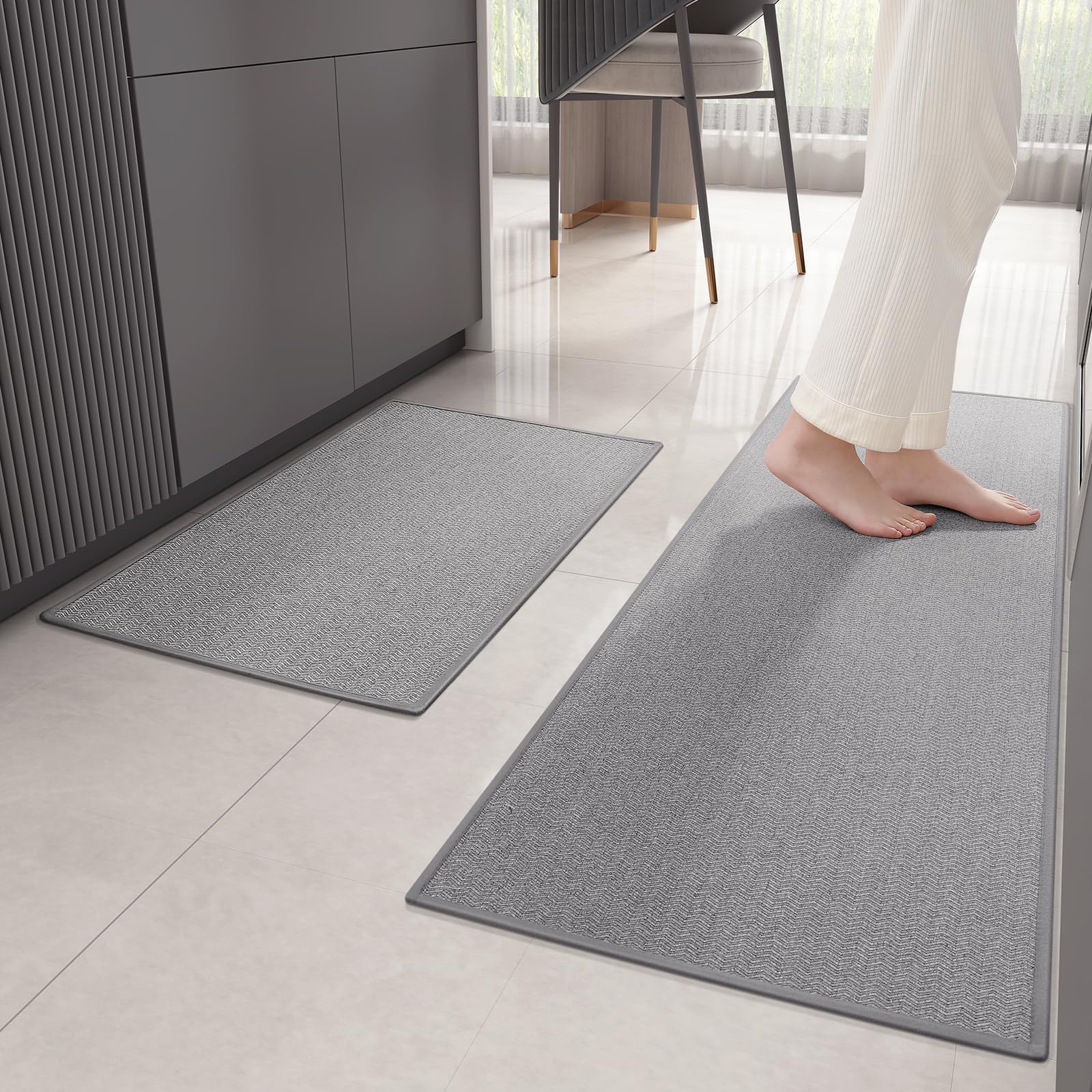 COLOR&GEOMETRY Non Slip Washable Kitchen Mats Set - 44x75 + 44x150 cm, Rubber Backed Runner Rug, Easy to Clean Quick Dry Floor Mats for Kitchen, Hallway, Laundry Room (Light Grey)