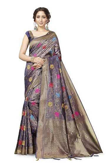 Divaastha Navy Blue Lichi Silk Floral Print Saree with Blouse Piece (APP002NBLUE)