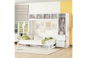 Ball & Cast Queen Size Murphy Bed Wall Chest with Closet and Storage Drawers,Wood Platform Hideaway Bedframe can be Folded,Easy Assembly,for Kids Bedroom,Student Dorms,White