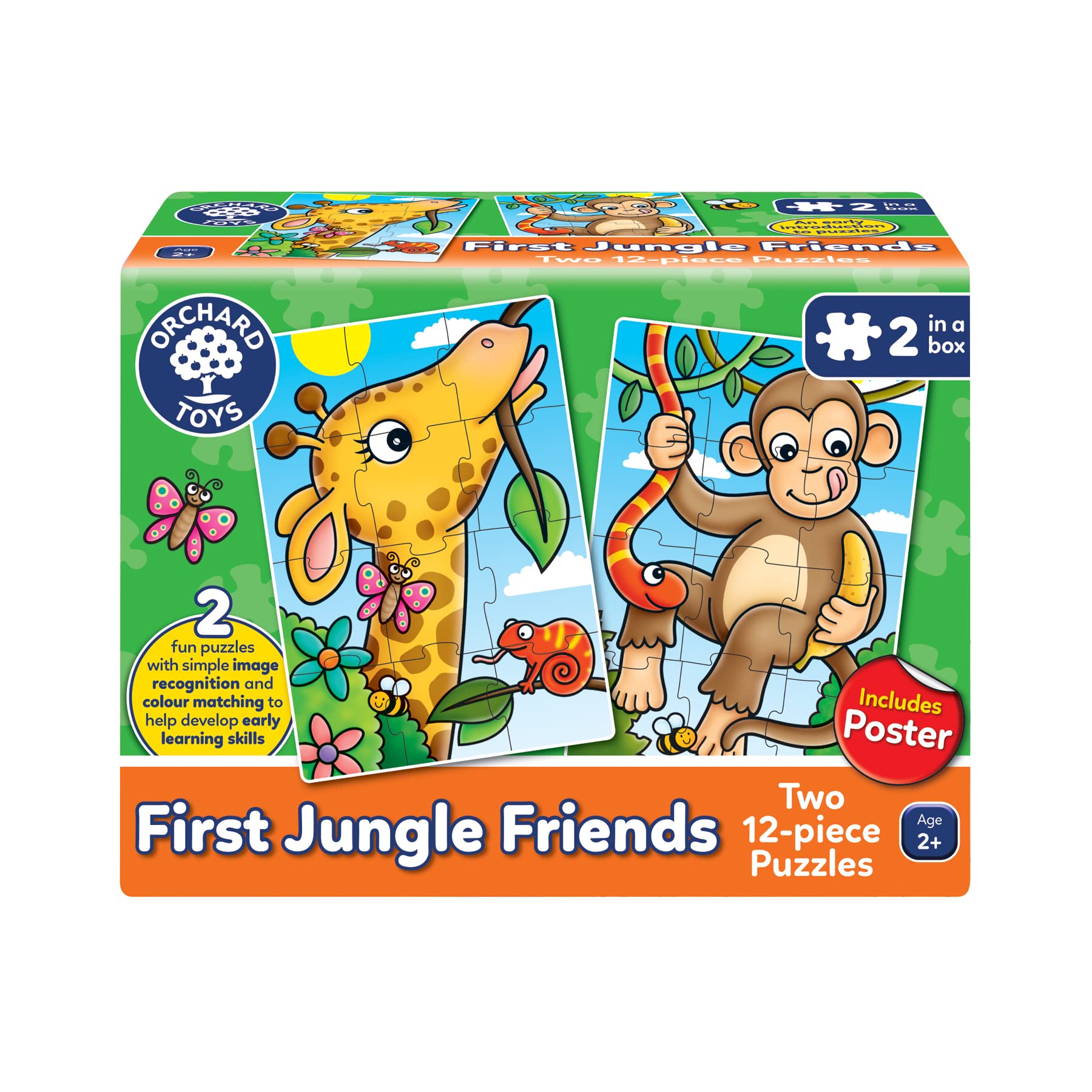Orchard Toys First Jungle Friends Jigsaw Puzzle, 12-Piece Jigsaws, Two Puzzles in a Box, Perfect For Kids Ages 2+, Develops Hand-Eye Coordination