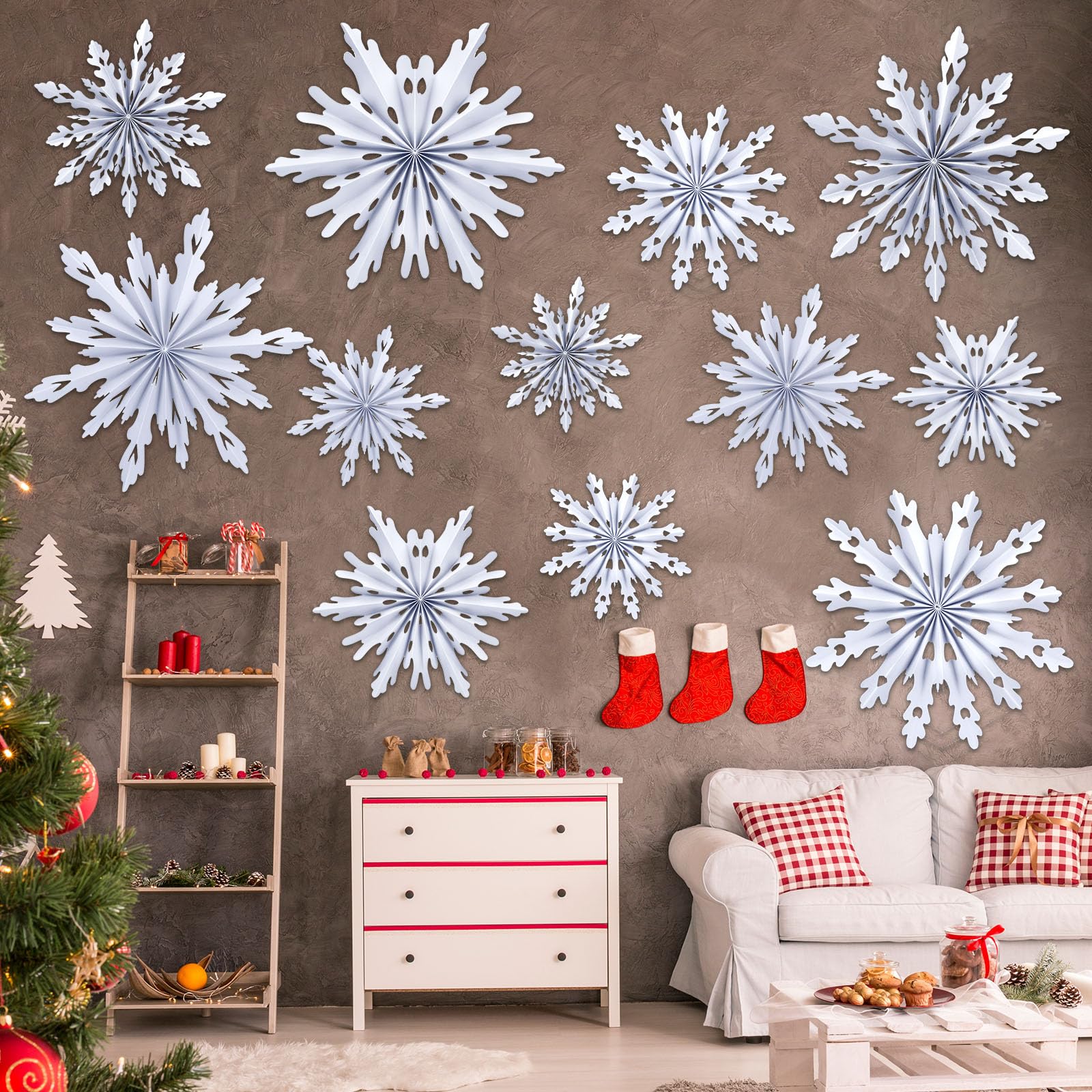 Photo 1 of ** INCOMPLETE AND USED** Fuyoooo 12 Pcs Snowflakes Hanging Decorations Blue Purple White Paper Fans Hollow Snowflakes Ceiling Hangings Decor Ice Birthday Fans Decor for Wedding Birthday Holiday Party Decoration(White)