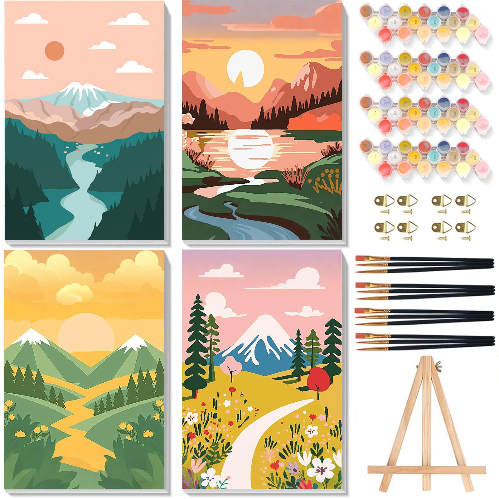 4 Pack Paint by Numbers for Adults with Framed Canvas & Wooden Easel, Landscape Painting by Number Kit Beginners on Canvas, Scenery Acrylic Oil Painting Kit with Brush for Home Wall Decor (8x12 inch)