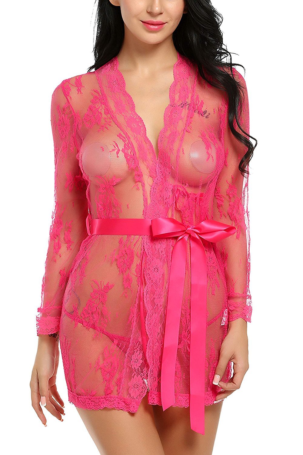 Memory baby Women\'s Lace Robe Sexy Lingerie Nightgown Transparent Mesh Lingerie (Pink, X-Large)