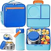 Fimibuke Kids Bento Lunch Box, Leakproof Toddler Bento Box with 8.5 OZ Insulated Food Jar, Lunch Bag, Kids Water Bottle, 3 or 4 Compartment Container for Back to School Toddler Girls Boys