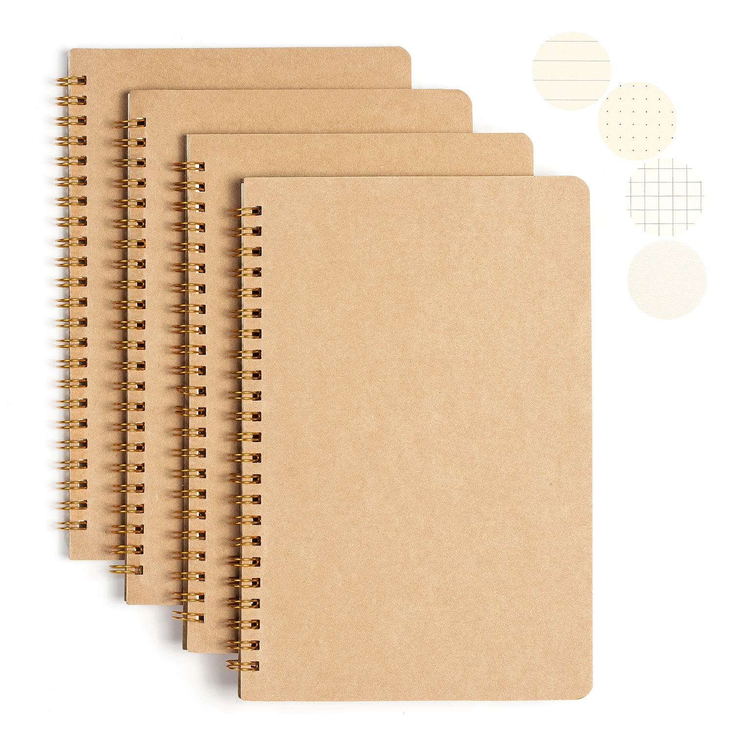 Jolintek 4 Pcs A5 Notebook, Kraft Cover Note Pad Spiral Notebook, A5 Notepad with Blank, Lined, Dots, Square Grid Page, Notebooks for School Travel Journals Drawing Diary Painting(50 Sheets/100 Pages)