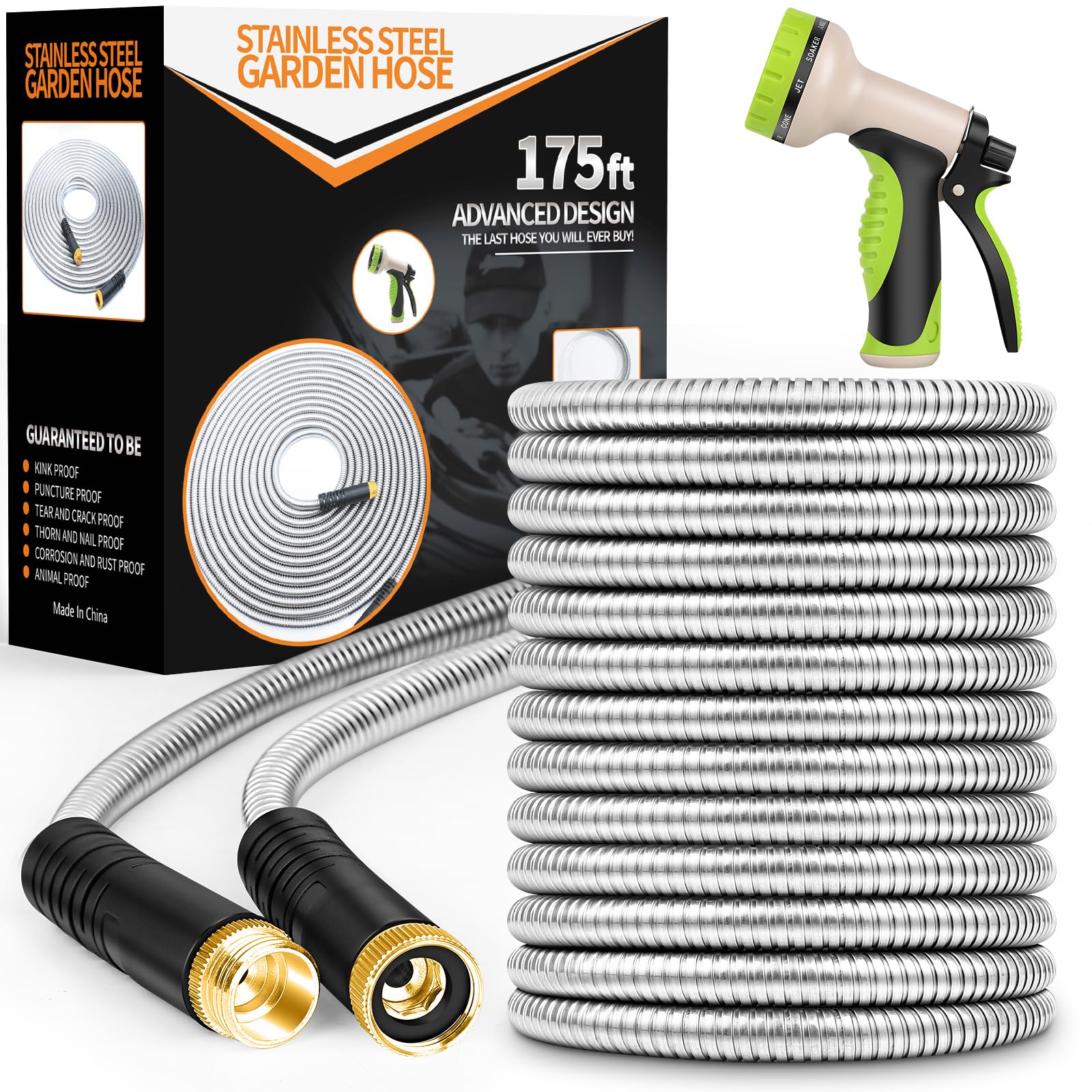Photo 1 of Unywarse Garden Hose 175ft, Stainless Steel Heavy Duty Water Hose with 10 Function Nozzle Flexible, Lightweight, No-Kink, Pet Proof, Puncture Proof Metal Hose for Yard, Outdoor