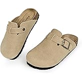 FANTURE Kids Genuine Suede Clogs with Cork Footbed - Adjustable Buckle Leather Sandals for Boys Girls Slip On Mules for Indoor & Outdoor
