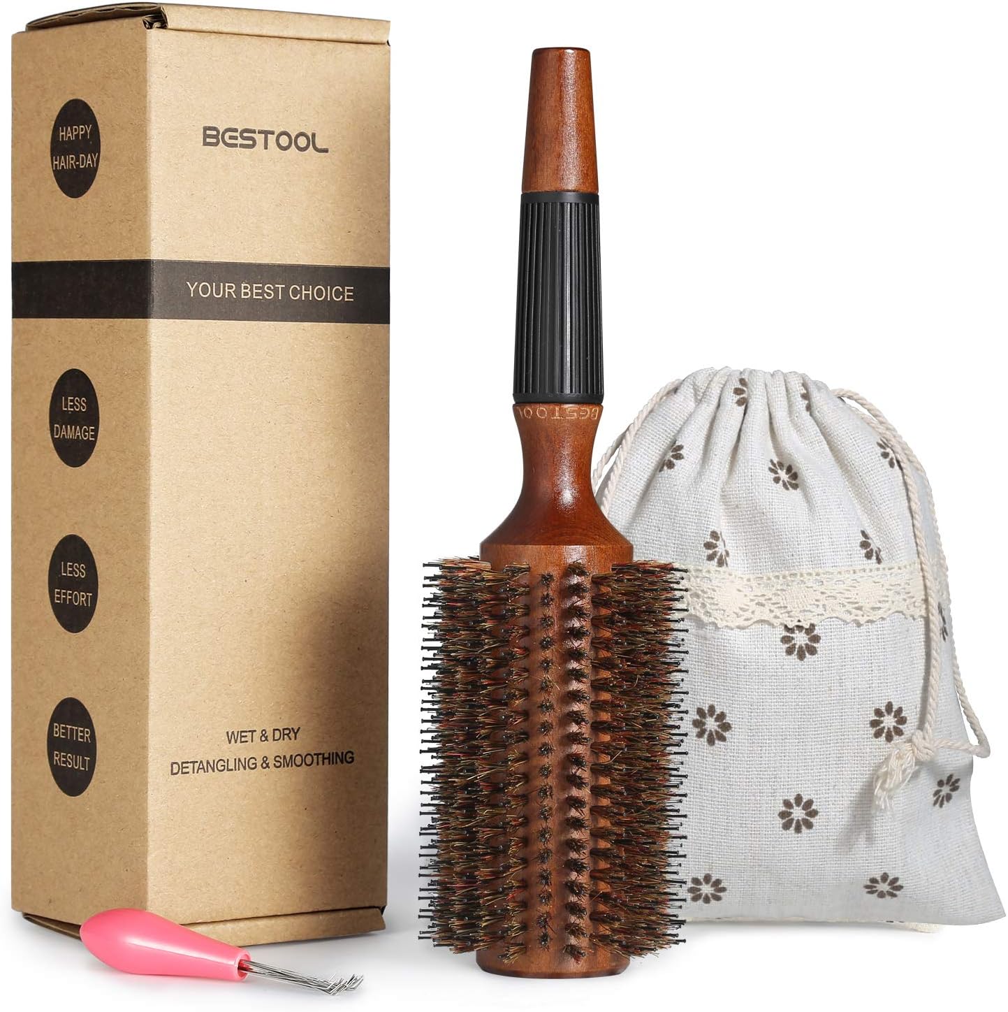 BESTOOL Round Brush for Blow Drying Boar Bristle Round Hair Brush with Wooden Barrel, Large Styling Brush for Women & Men