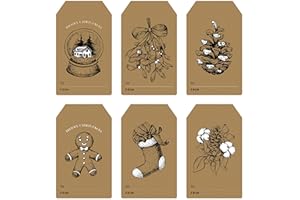 EASYKART LABELS 300 Natural Kraft Tag Stickers in Sheets, 6 Assortment Christmas Theme Designs, 2 x 1.25 Inch Size Perfect for Christmas Decoration and Gifting