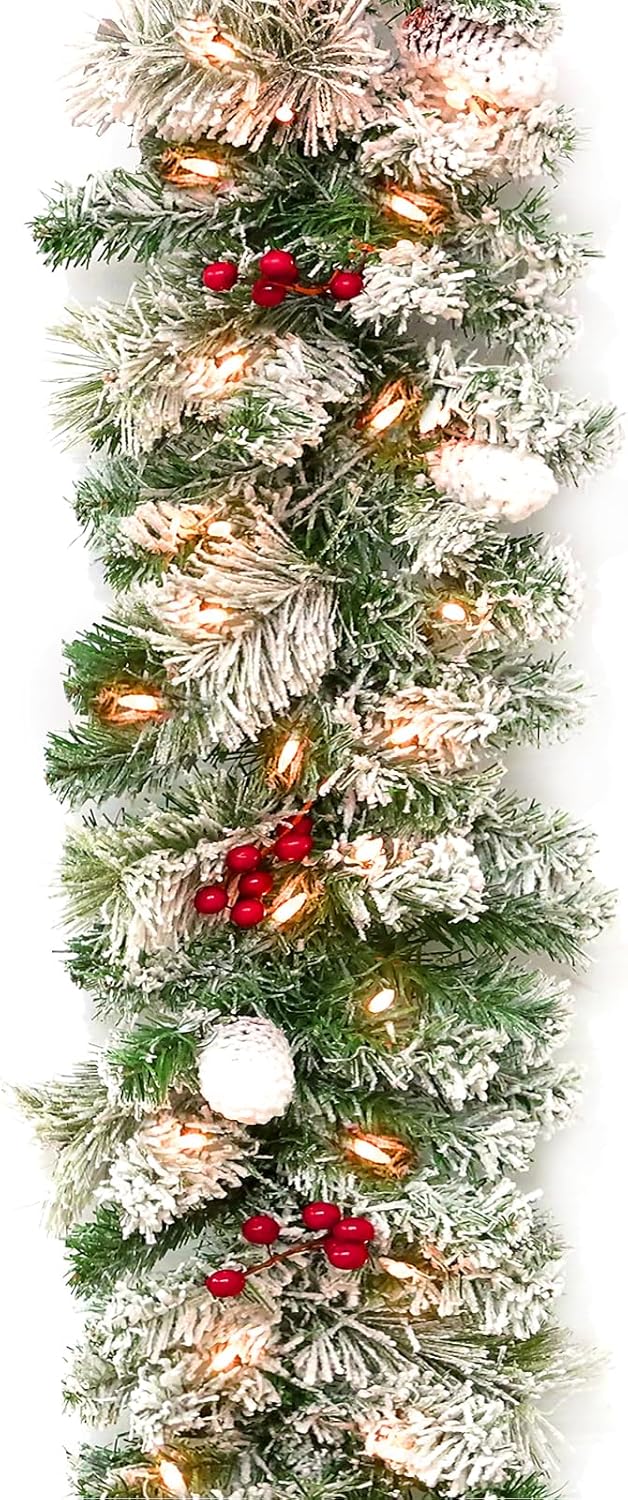 Wreaths, Garlands & Swags - Hykolity 9 ft. Snow Flocked Christmas Garland with 50 Warm White Lights, Prelit Christmas Garland for Doors, Windows, Mantels or Stairway, Decorated with Pinecones, Red Berries, Battery Operated