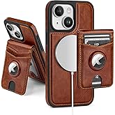 SkyEagle Compatible with MagSafe iPhone 14 Case Wallet with AirTag Holder,2 in 1 PU Leather Magnetic Detachable RFID Blocking Credit Card Holder Flip Cover Kickstand for Men Women,Brown