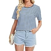Sarefii Womens Cotton Tops Striped Shirt Crewneck Short Sleeve Tshirt Summer Casual Preppy Clothes Basic Tee Tops