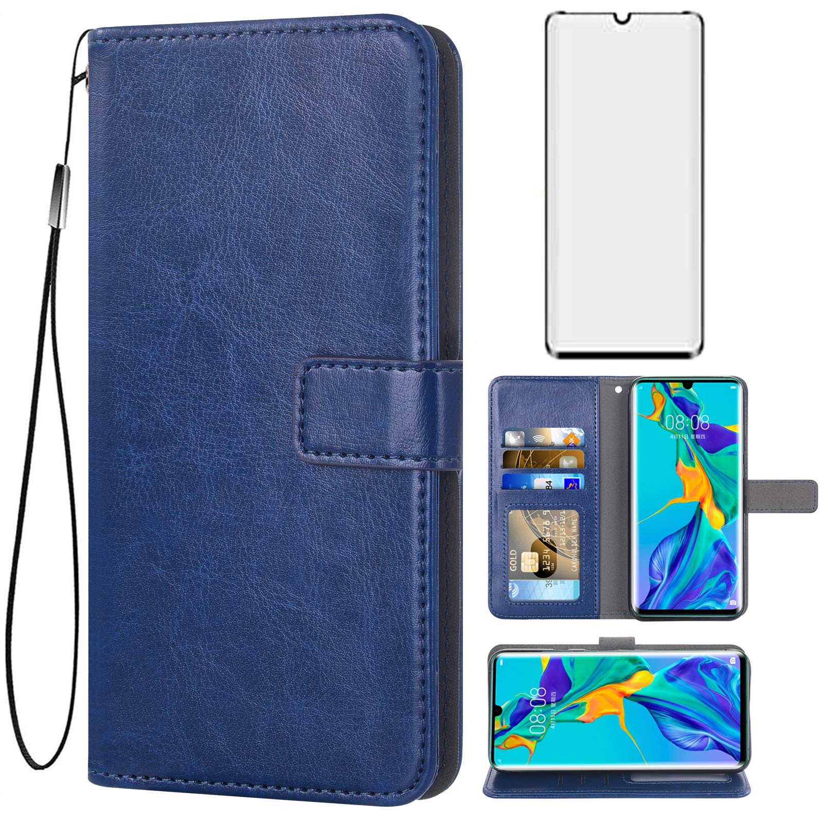 Asuwish Compatible with Huawei P30 Pro Wallet Case Tempered Glass Screen Protector and Leather Flip Cover Card Holder Stand Cell Accessories Phone Cases for Hawaii P30Pro P 30 Pro30 Women Men Blue