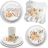 Little Pumpkin Turning One 1st Birthday Party Supplies - 64 Piece Fall First Birthday Tableware Set Includes Large 9" Dinner Plates and 8" Dessert Paper Plates Napkins Cups - Kit for 16