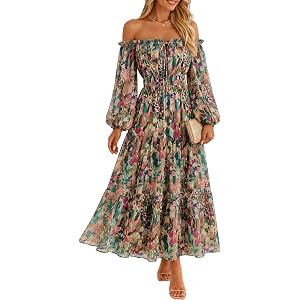 ZESICA Womens 2026 Fall Long Sleeve Floral Maxi Dress | Summer Off Shoulder Dress,Wedding Guest Chiffon Dress,Side Pockets,Co