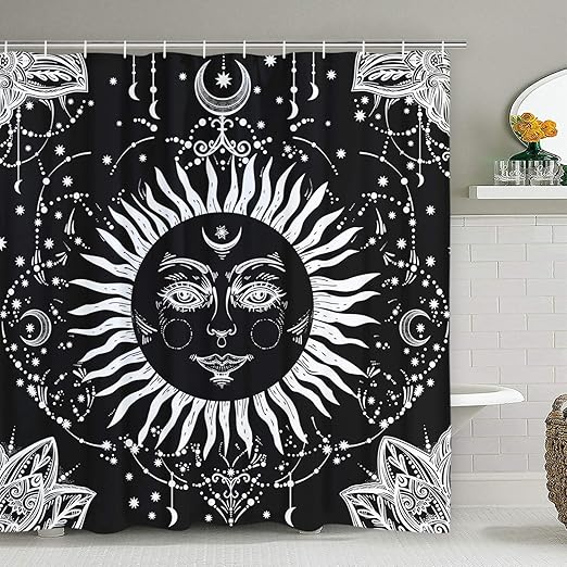 Mystic Sun and Moon Shower Curtain with 12 Hooks, Burning Sun Shower Curtain