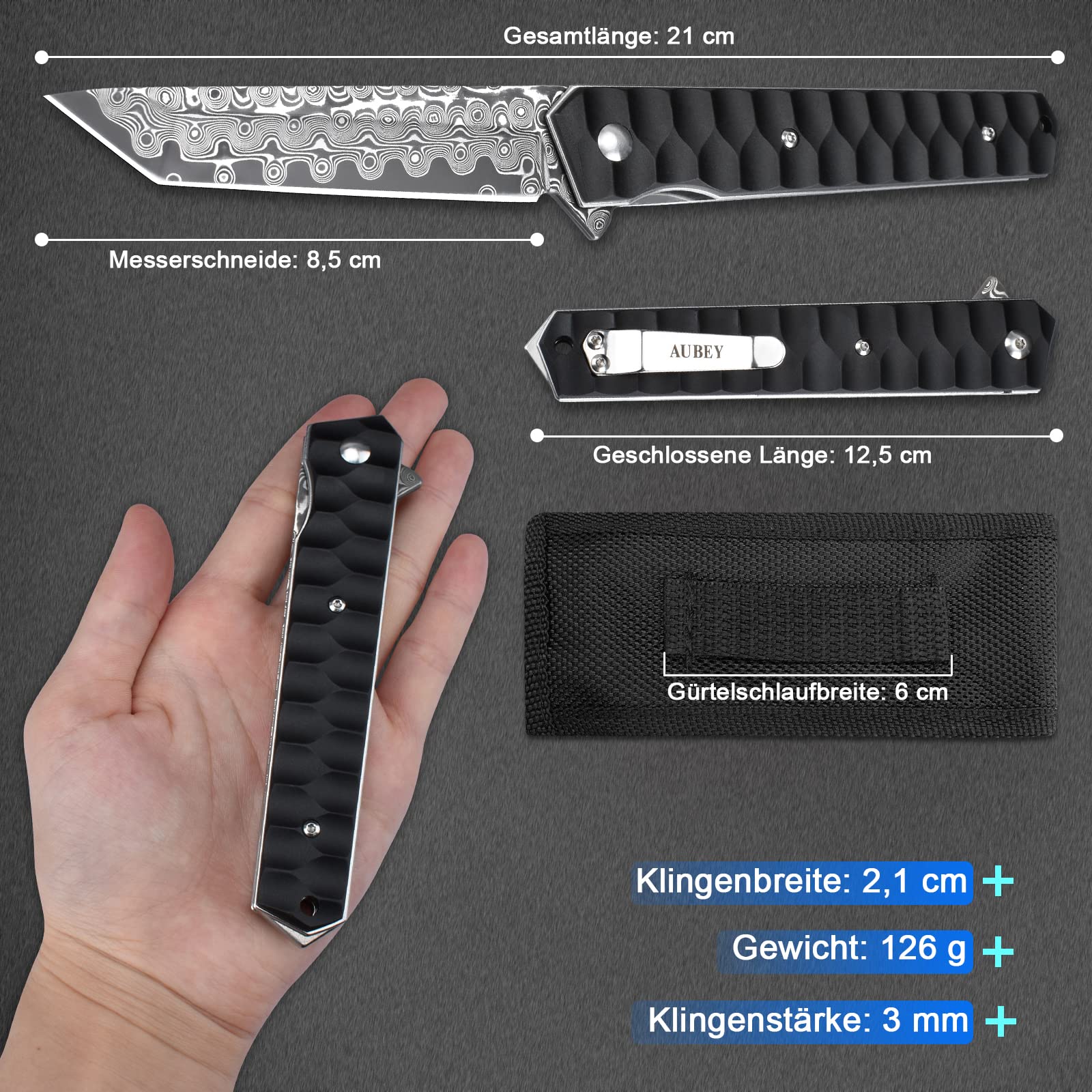 AUBEY Damast Taschenmesser Klappmesser mit Clip, Damaststahl Klinge Tanto Messer mit Flipper, Liner Lock, Aluminium Griff, Glasbrecher, Geschenkbox - Einhandmesser für EDC Jagd Camping Sammeln 4
