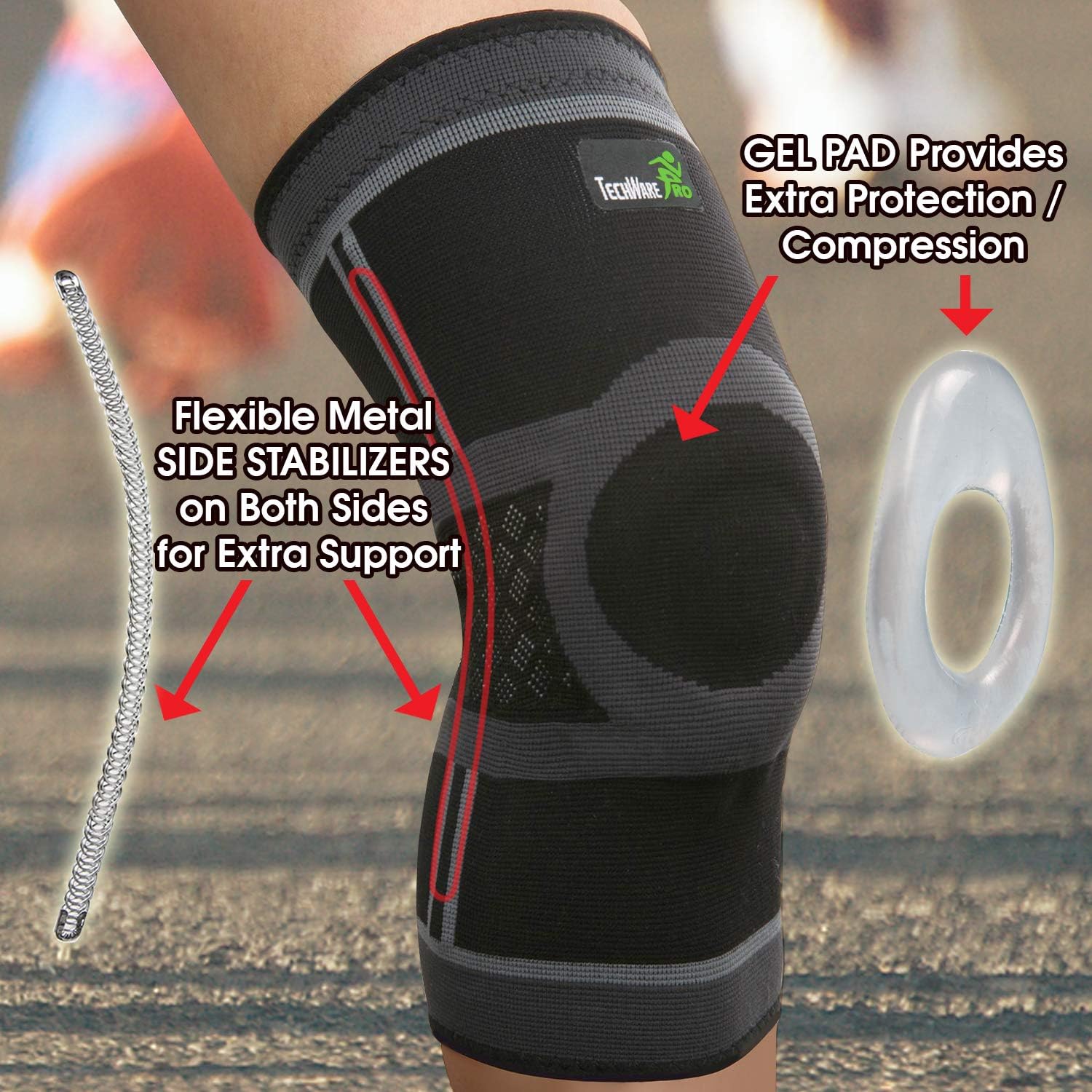 TechWare Pro Knee Compression Sleeve - Knee Brace for Men & Women with Side Stabilizers & Patella Gel Pads for Knee Support. Meniscus Tear, Arthritis, Joint Pain Relief. 5 Sizes. Single Pack: Sports & Outdoors