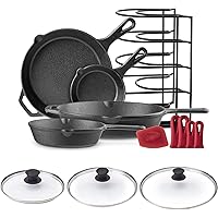 Cast Iron Skillet Set - 6"+8"+10"+12" + Tempered Glass Lids + Pan Organizer + Scraper + 4 Silicone Handle Covers - Pre…