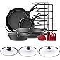 Cast Iron Skillet Set - 6"+8"+10"+12" + Tempered Glass Lids + Pan Organizer + Scraper + 4 Silicone Handle Covers - Pre…