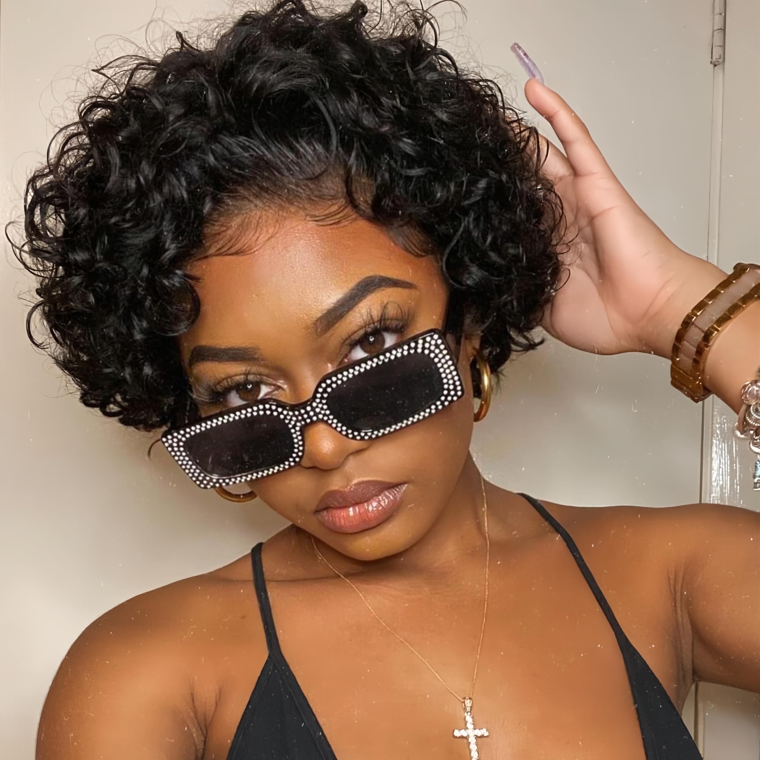 Photo 1 of Pixie Cut Wig Human Hair, Short Lace Bob Curly Wig Water Wave Lace Front Human Hair Wig 13X1 HD Lace Frontal Wigs For Black Women 6 Inches (1B#)