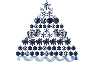 Sratte 94 Pcs Christmas Tree Decorations Set, Christmas Tree Ball Ornaments Glitter Poinsettia Flowers Decorations Glitter Berries Stems for Xmas Holiday Wedding(Navy Blue)
