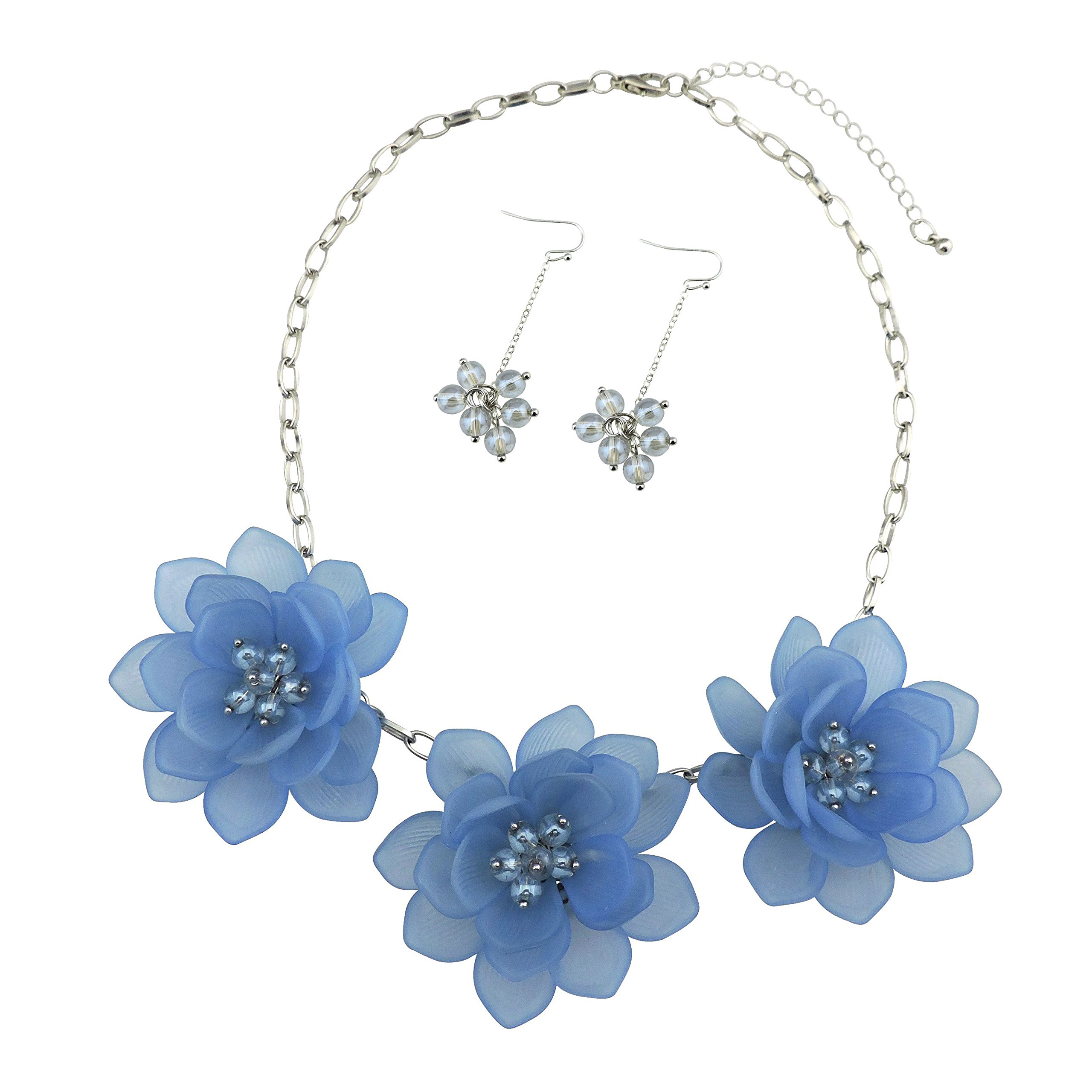Bocar Flower Pendant Blue Bib Statement Necklace and Earrings Jewelry Set for Women Gift (NK-10372-blue)