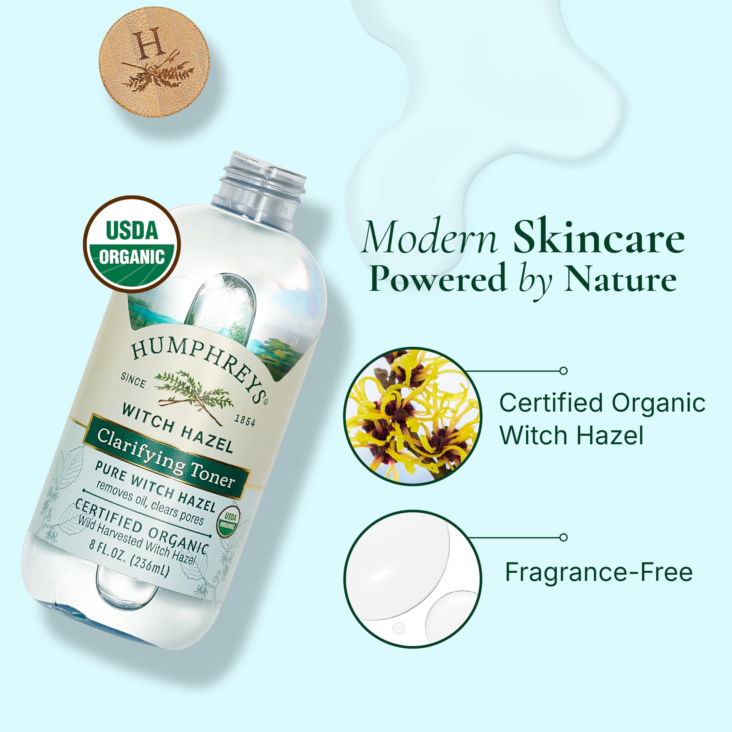 Humphreys Witch Hazel Clarifying Toner | Wild Harvested Witch Hazel | USDA Organic | Natural | Hydrating | Clears Pores & Removes Oil | 8 Fl Oz