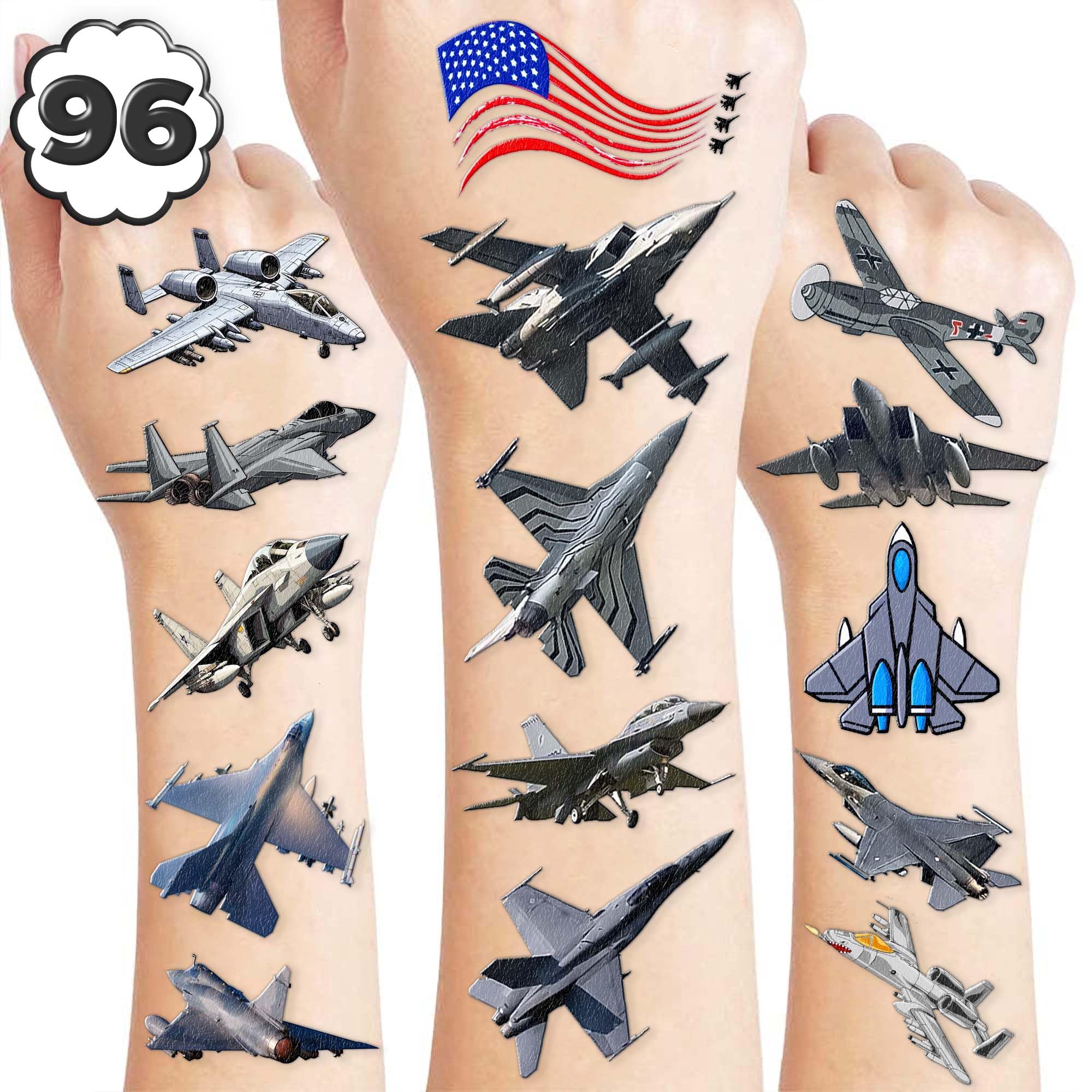 Photo 1 of Generic 113 PCS Jet Birthday Party Decorations Fighter Jet Party Favors Supplies Aircraft Plane Airplane Military Tattoos Stickers for Kids Boys Girls Rewards Prizes, Grey, Black
