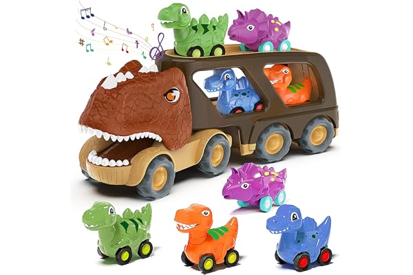 Dinosaur Truck Toy Car for Kids, Friction Power Carrier Vehicle with 4 Pack Small Pull Back Dino Car, Christmas Birthday Gift