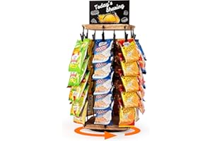 Liaakrr Chip Rack Display Stand, 360° Rotating Wooden Base Chip Holder, 5 Tiers 40 Clips Candy Display Rack Snack Organizer for Countertop, Party,Concession Stand,Kitchen and Stores