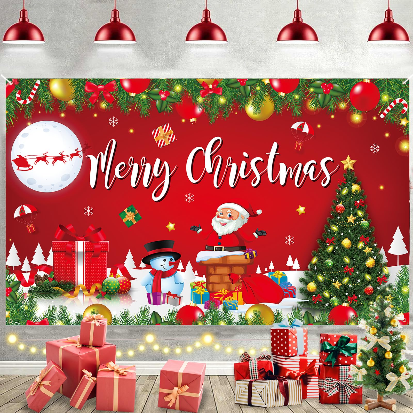 Merry Christmas Banner Backdrop - Large Red Santa Snowman Photo Booth Sign Background Decor - Xmas Hanging Banner for Indoor Outdoor Party Decoration Gifts