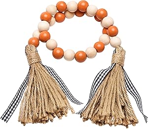 Fall Wood Bead Tassel 26.3 Inch Garland Farmhouse Rustic Bead with Jute Rope Plaid Tassel Fall Tiered Tray Decoration Thanksgiving Home String Prayer Wall Décor for Nursery Room Vase Ornament