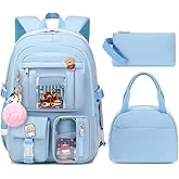 Laptop Backpacks 16 Inch School Bag College Backpack 3 PCS with Lunch Box Pencil Pouch Set Large Travel Daypack Kawaii Bookbags for Teens Girls Women Students (Blue)